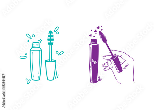 Cosmetic Icon. Doodle-style mascara. A woman's thing, an accessory idea for eco-conscious girls. Vector illustration, hand-drawn and flat, set against a white background.
