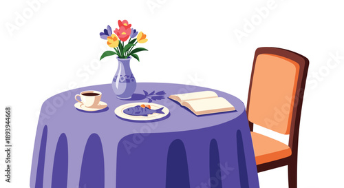 Colorful still life illustration of a dining table set with a purple cloth, fresh flowers, a book, coffee, and a plate with a fish.