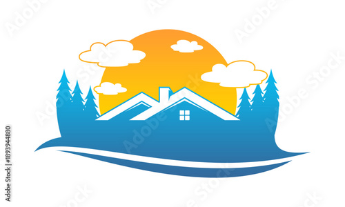 Nature house and sunrise design vector