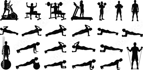 Black silhouettes of men and women performing gym exercises including weightlifting, cardio, yoga, and strength training movements isolated on white background