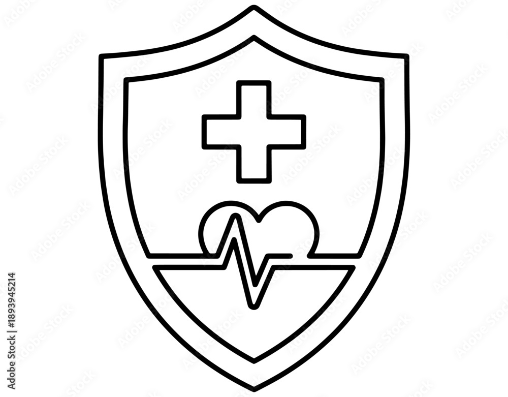 Obraz premium Health Insurance Icon with Medical Shield and Heart Pulse, Minimalist Healthcare Protection Symbol, Black and White Vector Illustration for Medical Care Isolated on White.