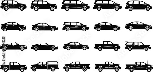 Collection Of Car Silhouettes Featuring Various Vehicle Types Including Sedan Suv Pickup Truck Convertible Minivan And Off Road Cars For Transport