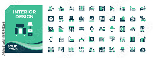 Interior Design colorful solid icon set. Related to art, architect, design, architecture, house, project, decor. Icons for website. Architect icon set. Vector artwork and illustration.