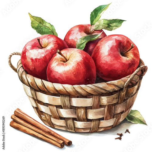 A Basket Of Fresh Apples And Cinnamon Sticks, detailed watercolor painting, isolated on a white background.