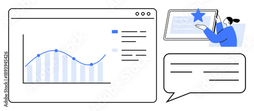 Data visualization, user feedback, business analytics, online reviews, performance metrics, dashboard tools. Graph on a screen with a person assigning a star. Data visualization and user feedback