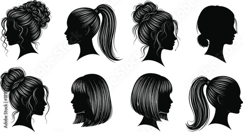 Collection Of Female Hairstyle Silhouettes Featuring Ponytails Buns Bangs And Wavy Hair For Beauty Salon Branding Hairdresser Identity And Fashion Design