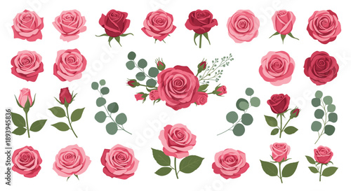 Large grid of pink and red rose flower illustrations including fully open roses, buds, and green leaves for romantic floral designs.