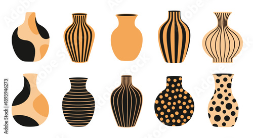 Assorted set of terracotta and black ceramic vases with various geometric patterns including stripes, dots, and abstract shapes in a modern style.