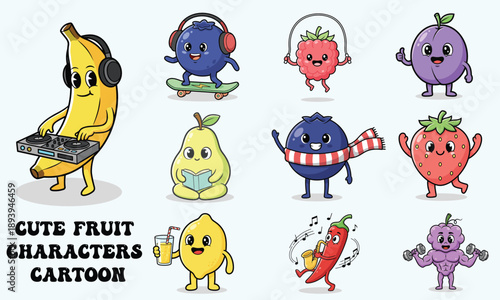 Cute Fruit Characters Illustration Set with Fun Activities and Lifestyle Actions