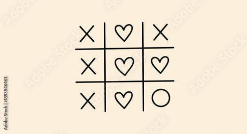 Simple hand-drawn tic-tac-toe game grid featuring black hearts, X symbols, and a single O circle on a beige background.