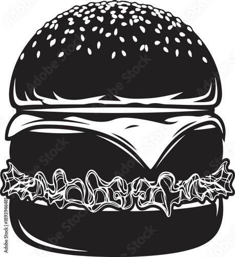 A striking black and white illustration depicts a classic cheeseburger showcasing layered ingredients including a sesame seed bun patty cheese and lettuce high-quality professional