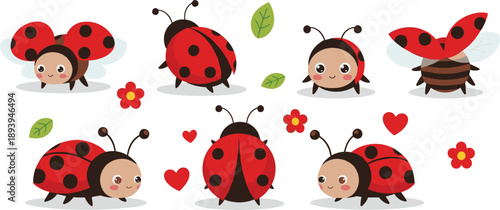 Set of cute kawaii ladybug vector illustrations featuring various poses with hearts and flowers isolated on white background for kids nursery decor and spring garden design projects