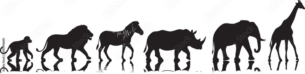Fototapeta premium Black silhouettes of monkey lion zebra rhino elephant and giraffe animal
