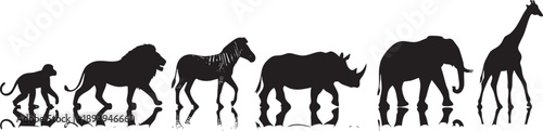 Black silhouettes of monkey lion zebra rhino elephant and giraffe animal