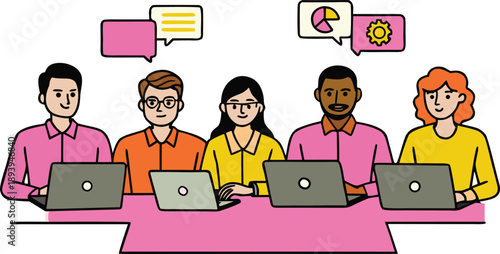 Diverse team of professionals in a meeting collaborating and exchanging ideas isolated on transparent background, Vector