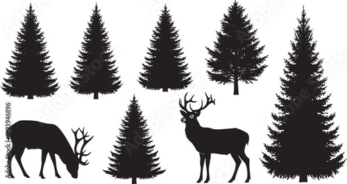 Black silhouettes of pine trees and deer on white background evergreen