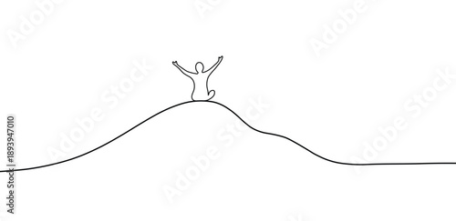 Person sitting a hill peak with arms raised black line art drawing success achievement minimal artwork