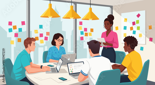 Dynamic vector illustration Diverse business team collaborating, brainstorming ideas with sticky notes and laptops in a modern office meeting