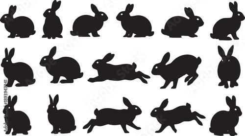 Black silhouettes of rabbits in various poses on white background