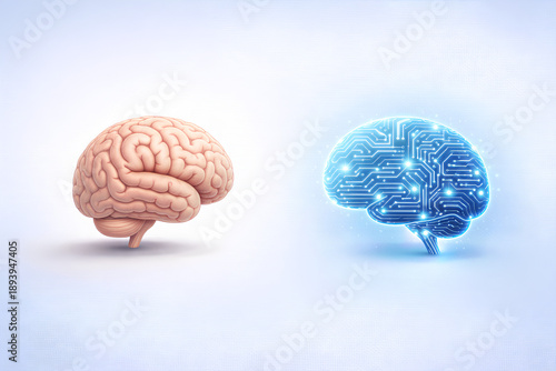 Human brain versus artificial intelligence brain illustrating future thinking and AI technology
