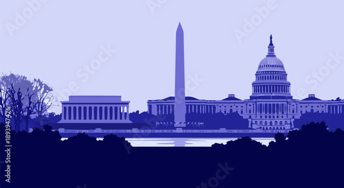 Dynamic vector illustration depicting the iconic Washington D.C. skyline, a monochromatic art piece featuring historic landmarks and monuments