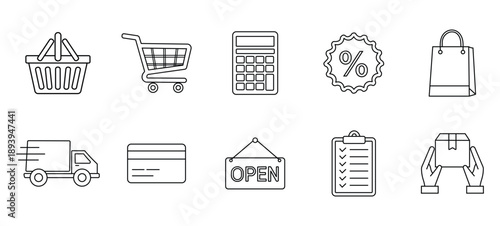 Shopping e-commerce icons delivery credit card percentage checklist set for web and mobile design