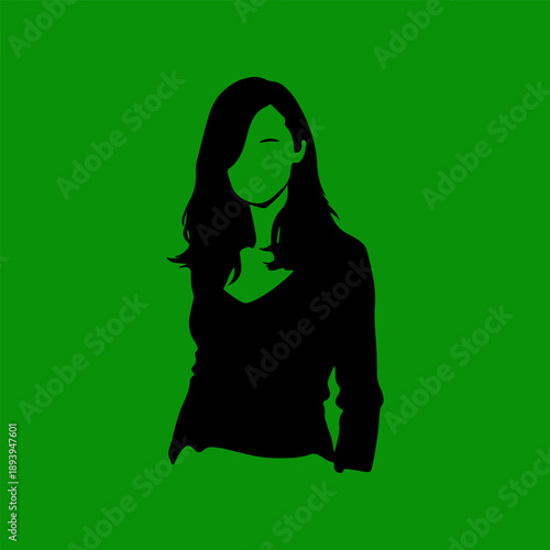 A black stencil of a female portrait with flowing hairgreen background