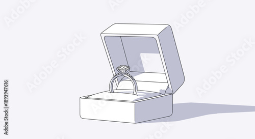 Sparkling diamond engagement ring placed inside a classic open white jewelry gift box for a proposal or special occasion.