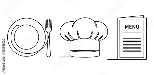 Plate fork chef hat menu continuous line drawing representing kitchen restaurant food dining service