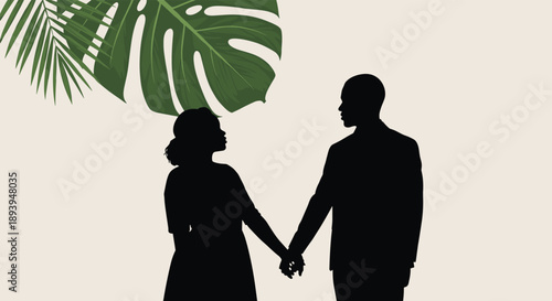Romantic black silhouette of a man and woman holding hands face-to-face under large green tropical monstera and palm leaves.