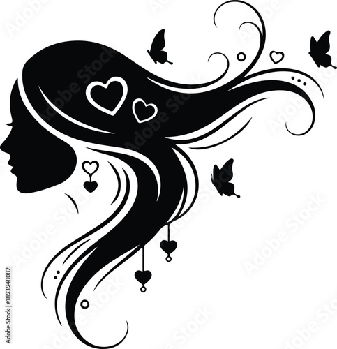 Elegant silhouette of a woman with flowing hair adorned with hearts and butterflies