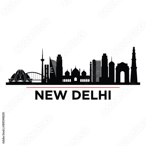 A striking black silhouette of the new delhi skyline with text