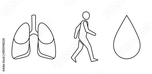 Lungs walking person and water drop line art icons representing health and wellness concepts