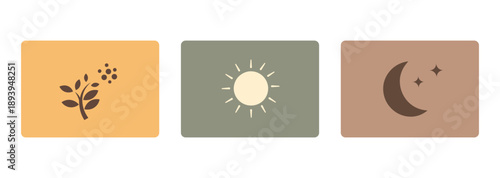 Plant berries sun moon stars flat graphic illustration set representing natural elements day and night