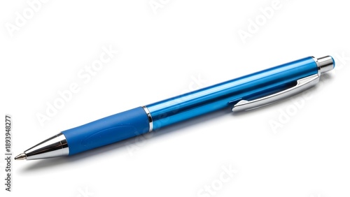 Blue ballpoint pen with silver accents on white surface