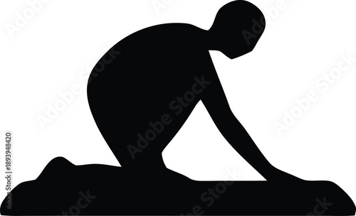 Silhouette of a person seemingly tending to a plant or garden