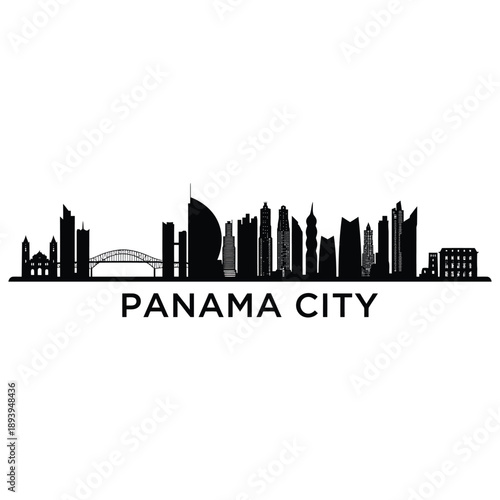 Black silhouette of panama city skyline with text below the image