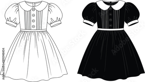 Vintage black and white girl dress illustration featuring a Peter Pan collar with puff sleeves as a fashion flat sketch for technical apparel design