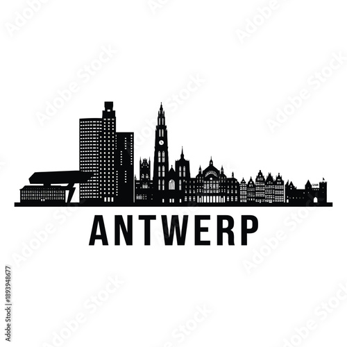 Antwerp skyline illustration a black and white cityscape view of belgium