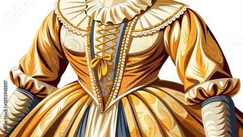 Very beautiful close-up of a colonial American women’s dress with refined stitching and structured fabric texture, isolated on white background, showcasing early American elegance and historical fashi