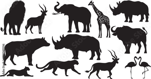 Black silhouettes of various african animals on white background lion elephant 1