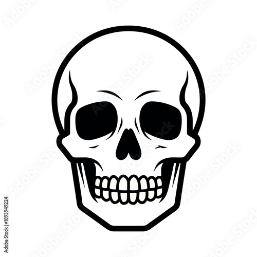High-contrast black and white vector illustration of a human skull. Bold anatomical graphic isolated on a white background.