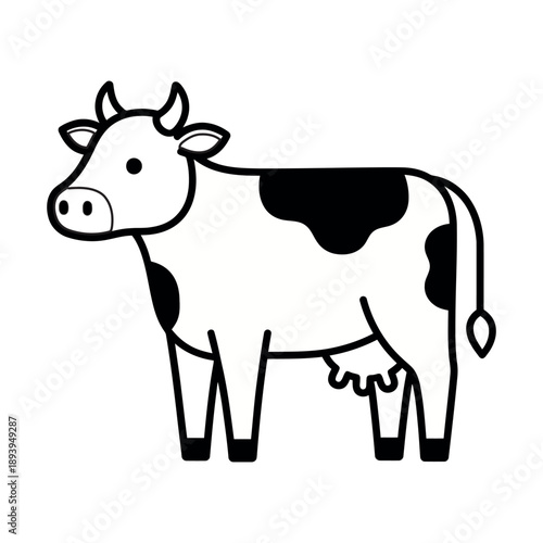 Minimalist black and white line art illustration of a dairy cow. Simple vector drawing of a cow for coloring books or icons.