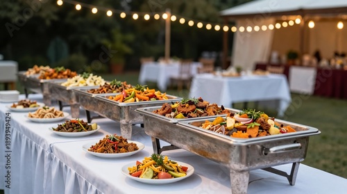 A long table with various dishes of food at an outdoor event with string lights
