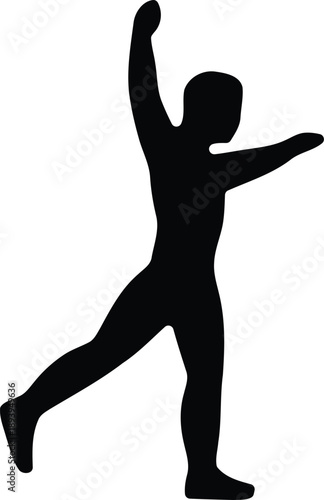Silhouette of a person in a dynamic reaching pose against white