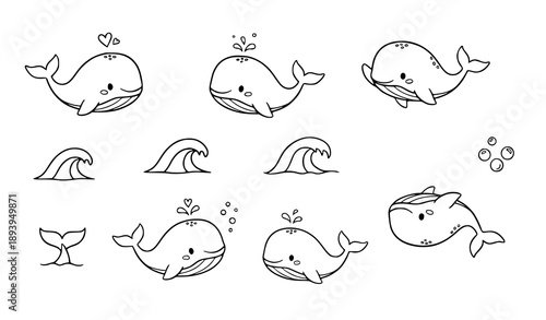 Kawaii cartoon whale sketch line icon set for nursery and kids design