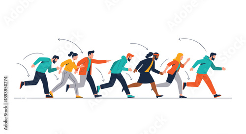 Diverse group of people running together in a line with motion lines conveying teamwork and unity