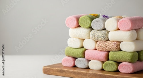 Wallpaper Mural Korean rainbow rice cake construction soft pastel-colored cylinders stacked geometrically on a wooden board, against a neutral, minimal backdrop. Torontodigital.ca