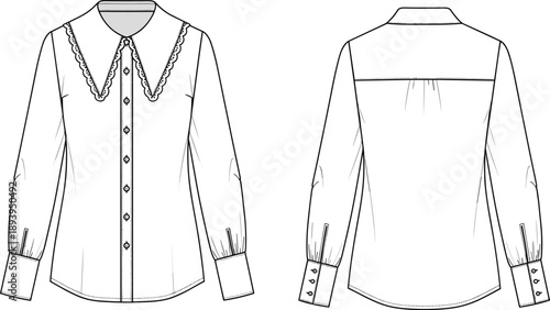 Technical fashion flat sketch of a women blouse featuring a large decorative lace collar and long sleeves with tall cuffs for apparel design