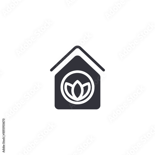 House with lotus emblem icon representing home spa concept, personal wellness space, and private relaxation environment.